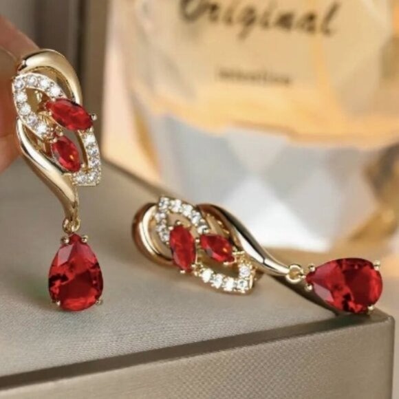 Jewelry - 18k Gold Plated Water Drop Ruby Red Diamond Earrings